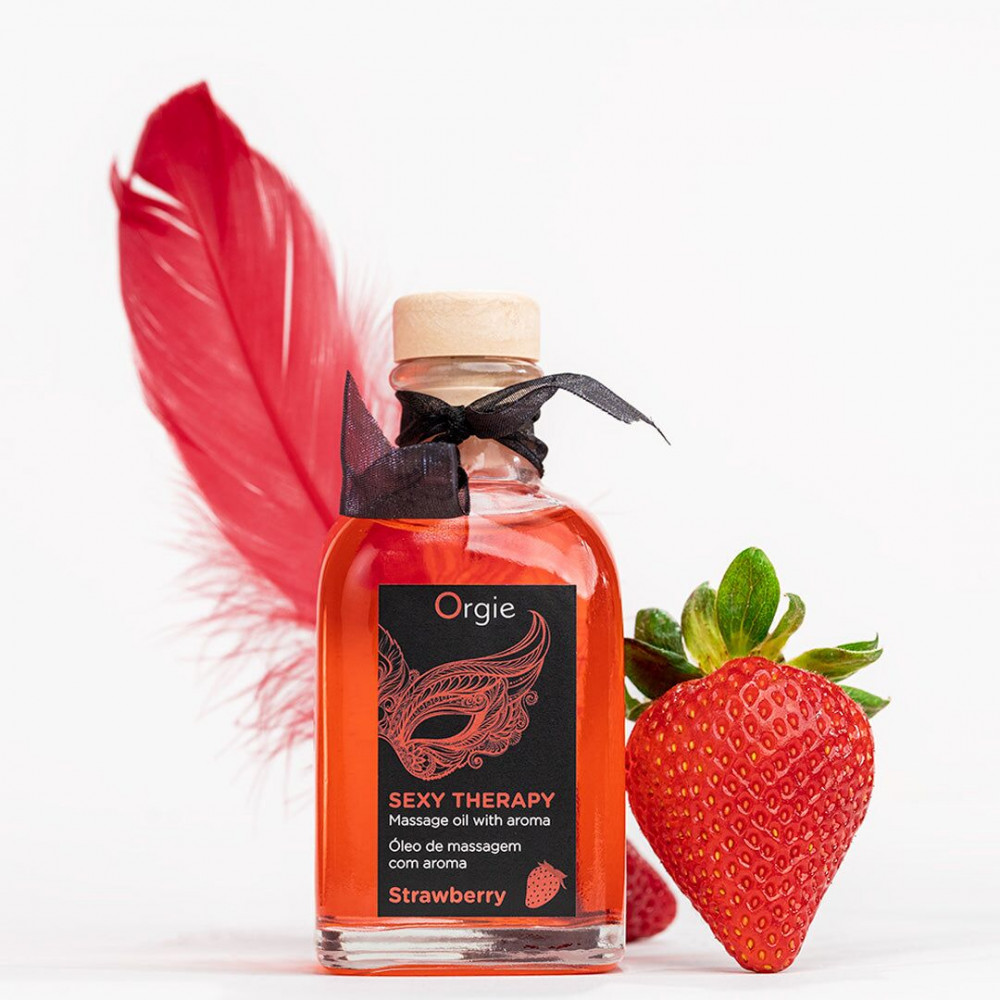 Массажные масла и свечи - Набор для массажа Orgie – Sexy Therapy Strawberry (100 мл), съедобное разогревающее масло + перышко 3