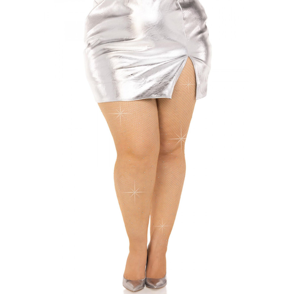 Чулки - Колготки Leg Avenue Rhinestone micro net tights Plus size Caramel, мелкая сетка, стразы 3