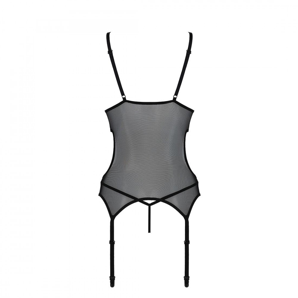 Эротические корсеты - Корсет с подвязками и ажурным лифом Christa Corset black S/M — Passion, стринги в комплекте 1