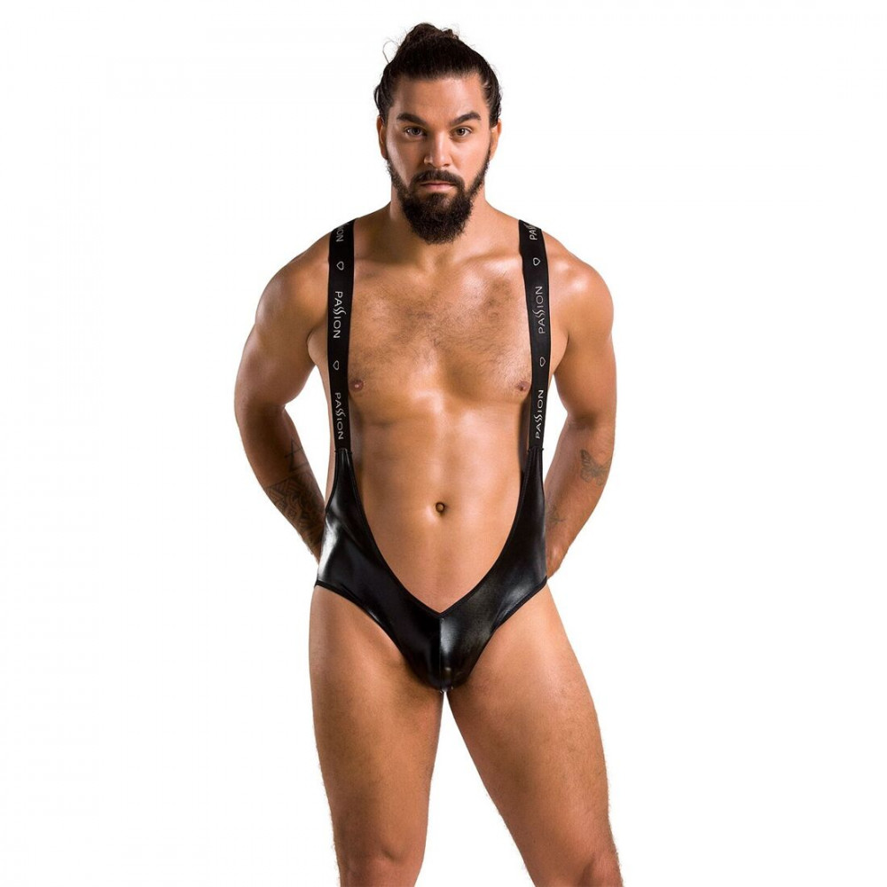 Стринги, трусы и шорты - Мужское открытое боди Passion 027 Bruno XXL/XXXL Black, под латекс, на лямках 4