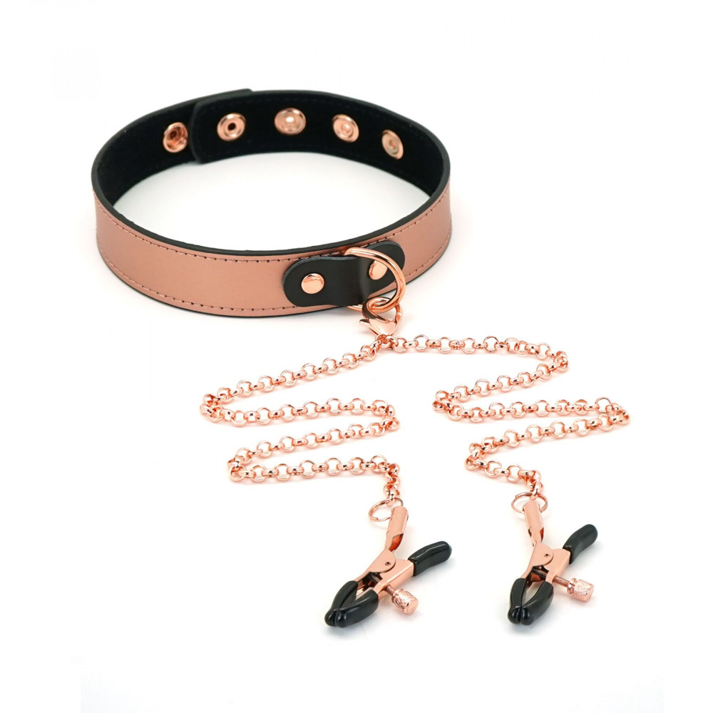 Ошейники, поводки - Ошейник с зажимами для сосков Liebe Seele Rose Gold Memory Collar with Nipple Clamps 5