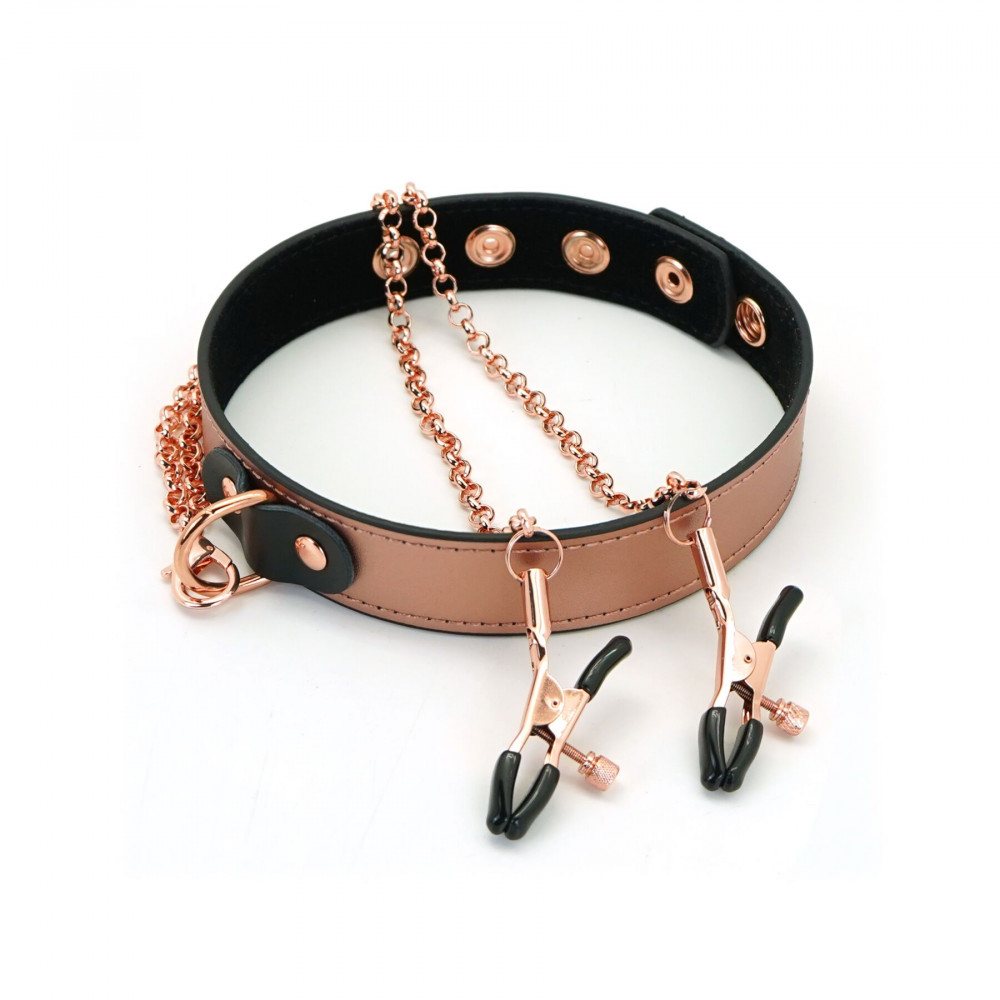 Ошейники, поводки - Ошейник с зажимами для сосков Liebe Seele Rose Gold Memory Collar with Nipple Clamps