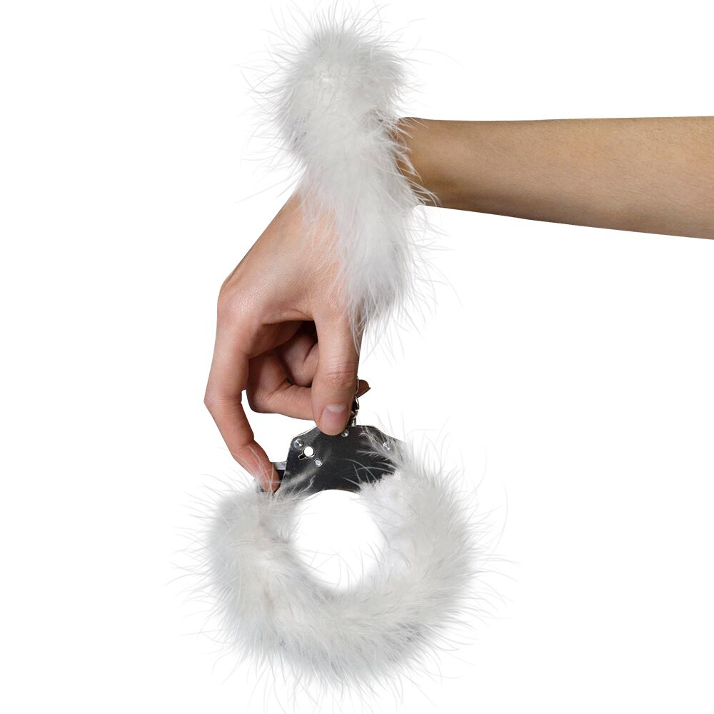 Наручники, веревки, бондажы, поножи - Наручники металлические Adrien Lastic Handcuffs White с белой пушистой отделкой 2