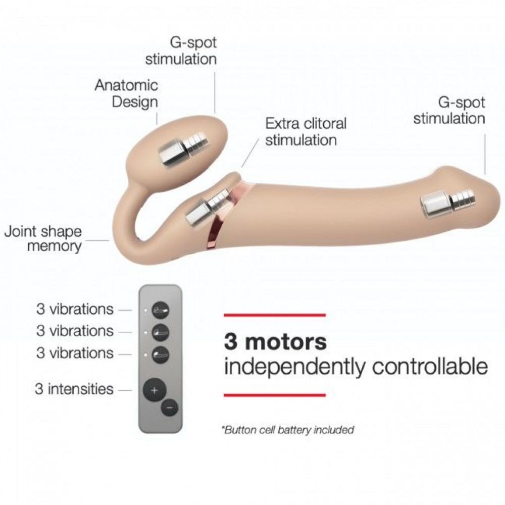 Страпоны безремневые - Безремневой страпон с вибрацией Strap-On-Me Vibrating Flesh L, диаметр 3,7см, пульт ДУ, регулируемый 4
