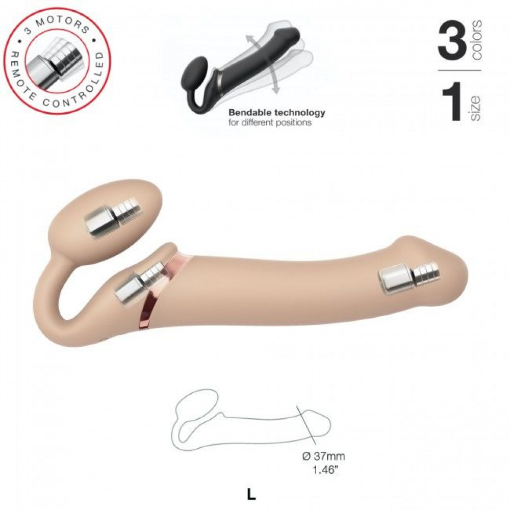 Страпоны безремневые - Безремневой страпон с вибрацией Strap-On-Me Vibrating Flesh L, диаметр 3,7см, пульт ДУ, регулируемый 5