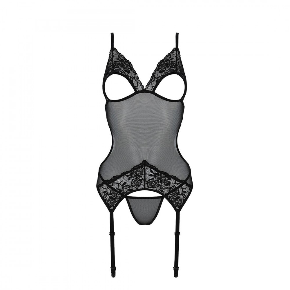 Эротические корсеты - Корсет с подвязками и ажурным лифом Christa Corset black XXL/XXXL — Passion, стринги в комплекте 2
