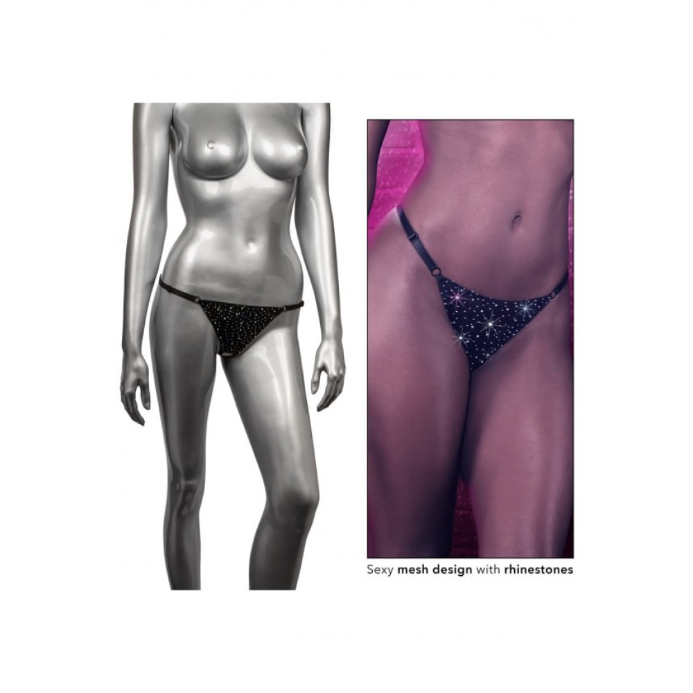Эротическое белье - Трусики стринги со стразами и открытым доступом CalExotics Crotchless Thong, черный 3