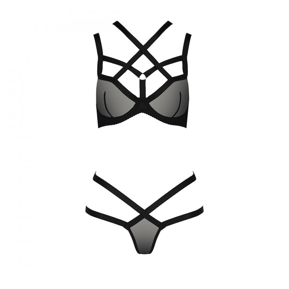Женское эротическое белье - Сетчатый комплект белья из стреп Passion HAGAR SET S/M Black, бюстгальтер, трусики-стринги 3
