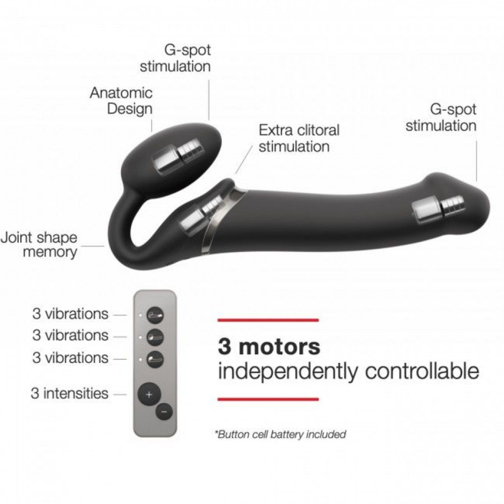 Страпоны безремневые - Безремневой страпон с вибрацией Strap-On-Me Vibrating Black L, диаметр 3,7см, пульт ДУ, регулируемый 5