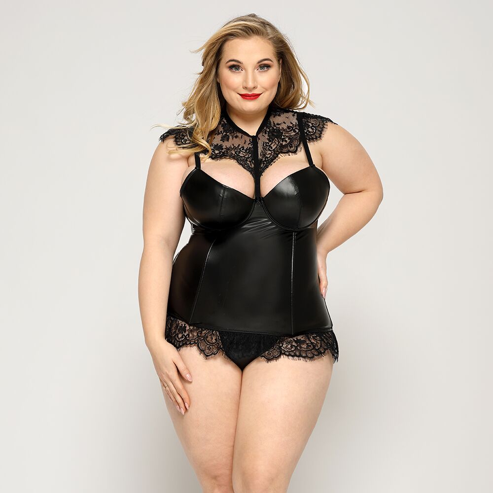 Эротические корсеты - Латексный комплект белья JSY «Страстная Ирис» Plus Size, Black, корсет, стринги, кружево