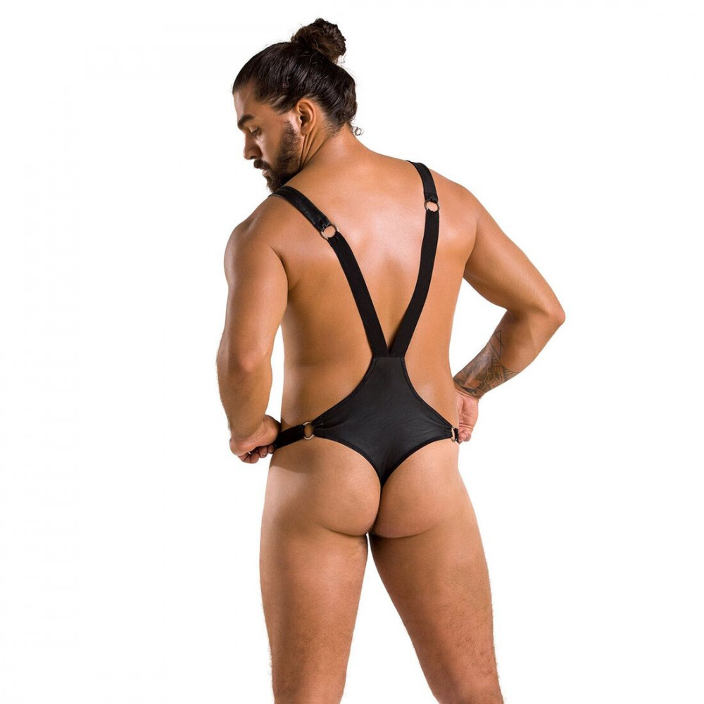 Стринги, трусы и шорты - Мужское боди с люверсами Passion 028 Harry XXL/XXXL Black, экокожа, на лямках 3