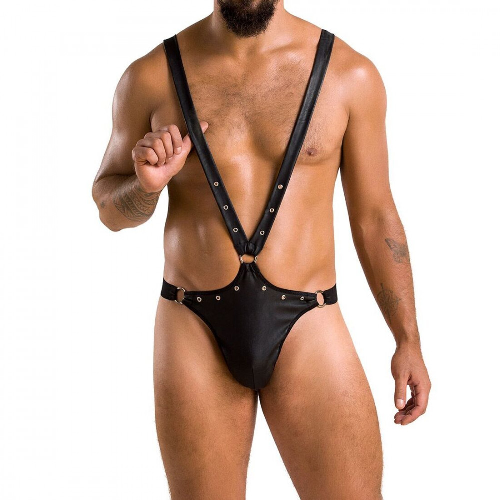 Стринги, трусы и шорты - Мужское боди с люверсами Passion 028 Harry XXL/XXXL Black, экокожа, на лямках